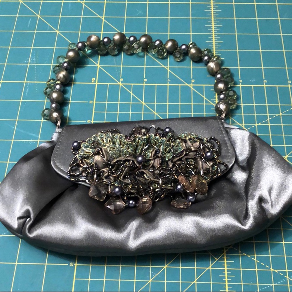 Beaded Green Satin Evening Bag/ Clutch